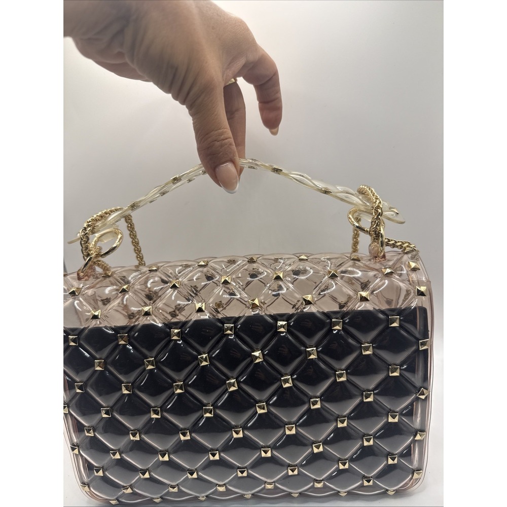 Clear Quilted Rockstud Shoulder Bag Gold Chain Strap PVC Transparent Black Pouch - Picture 4 of 9